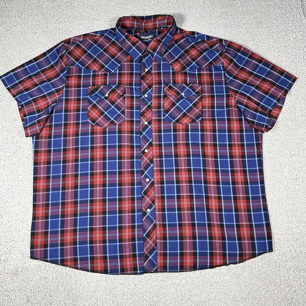 Wrangler Shirt Mens 3XL Blue Plaid Western Pearl Snap Short Sleeve Cowboy Rodeo